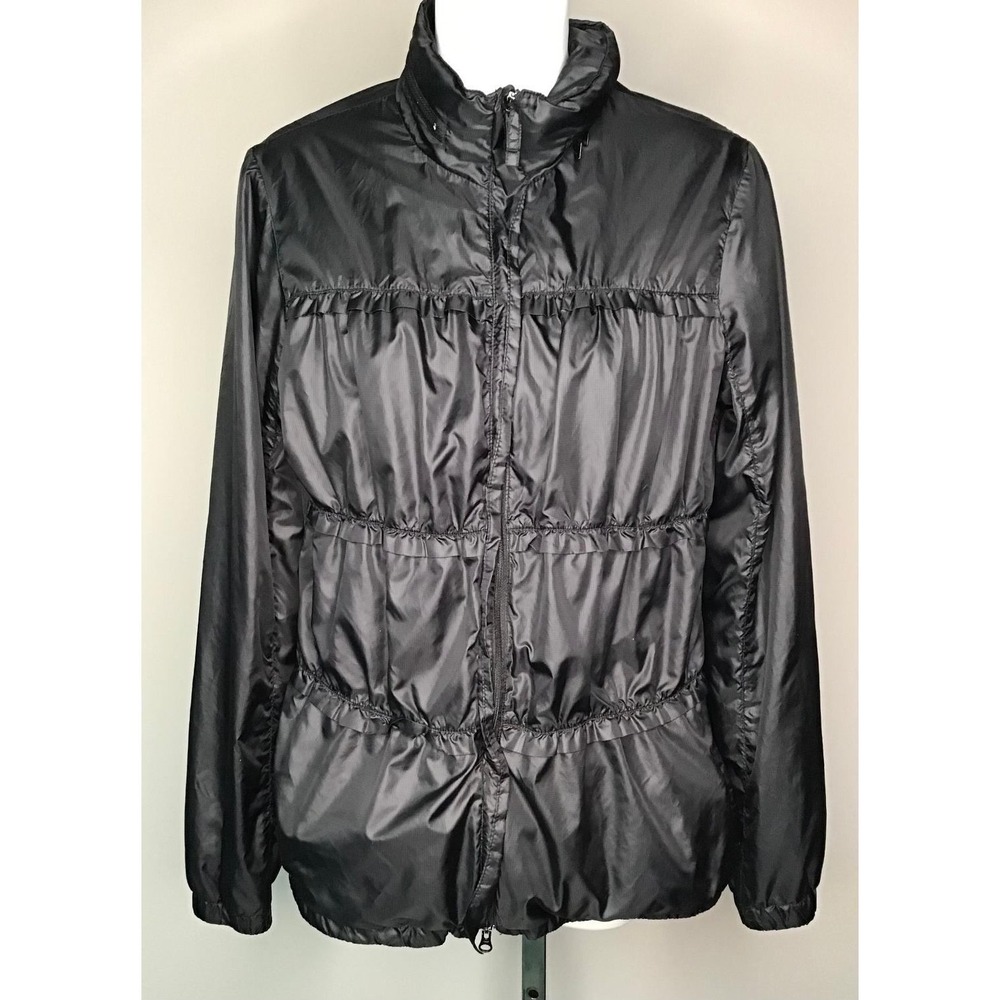Prana Womens Black Ruffle Windbreaker Sz M Hooded Jacket Lightweight Nylon Y2K